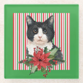 Schwarz-Weiß-Katze und Poinsettia Glasuntersetzer (Vorderseite)