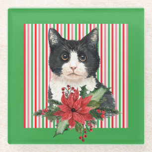 Schwarz-Weiß-Katze und Poinsettia Glasuntersetzer