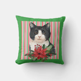 Schwarz-Weiß-Katze und Poinsettia Kissen