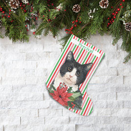 Schwarz-Weiß-Katze und Poinsettia Kleiner Weihnachtsstrumpf