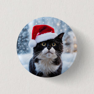 Schwarz-Weiß-Katze Weihnachten Button