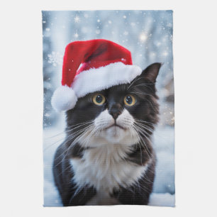 Schwarz-Weiß-Katze Weihnachten Geschirrtuch