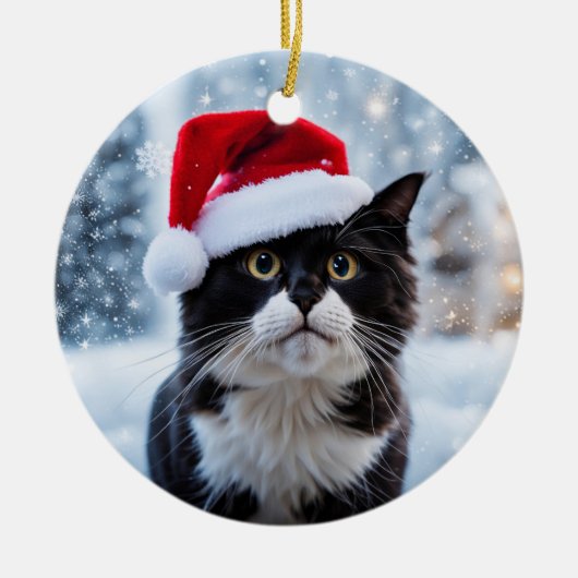 Schwarz-Weiß-Katze Weihnachten Keramik Ornament (Vorne)