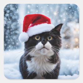 Schwarz-Weiß-Katze Weihnachten Quadratischer Aufkleber