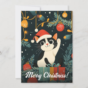 Schwarz Weiß Katze Weihnachtsbaum Ornamente Santa Feiertagskarte