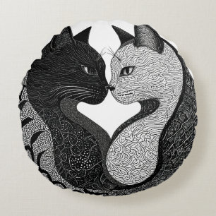 Schwarz-Weiß-Katze Yin-Yang-Symbol Rundes Kissen