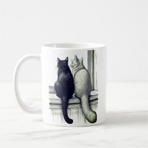 Schwarz-Weiß-Katzen am Fenster Kaffeetasse