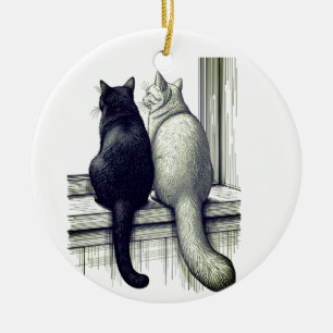 Schwarz-Weiß-Katzen am Fenster Keramik Ornament