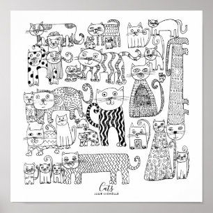 Schwarz-Weiß-Katzen-Illustration Poster