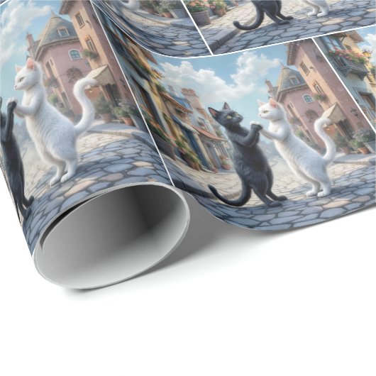 Schwarz-Weiß-Katzen langsames Tanzen Geschenkpapier (Rolleneckpunkt)