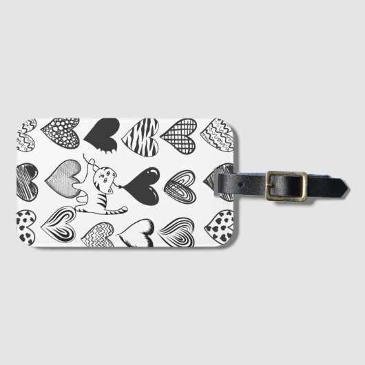 Schwarz-Weiß-Katzen-Muster und Herz-Muster Gepäckanhänger (Vorderseite (Horizontal))