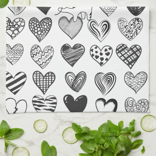 Schwarz-Weiß-Katzen-Muster und Herz-Muster Geschirrtuch (Gefaltet)