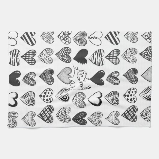 Schwarz-Weiß-Katzen-Muster und Herz-Muster Geschirrtuch (Horizontal)