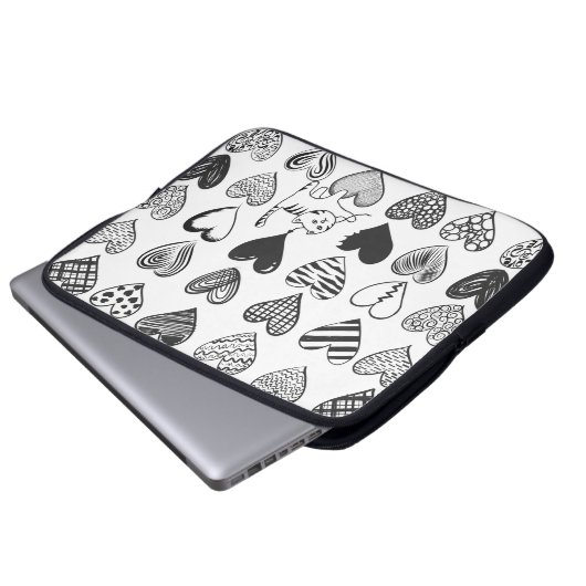 Schwarz-Weiß-Katzen-Muster und Herz-Muster Laptopschutzhülle (Vorne Knopf)