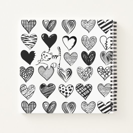 Schwarz-Weiß-Katzen-Muster und Herz-Muster Notizblock (Rückseite)
