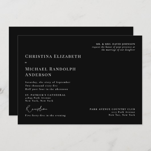 Schwarz-Weiß-Kirche Hochzeit zwei Orte Einladung (Vorne/Hinten)