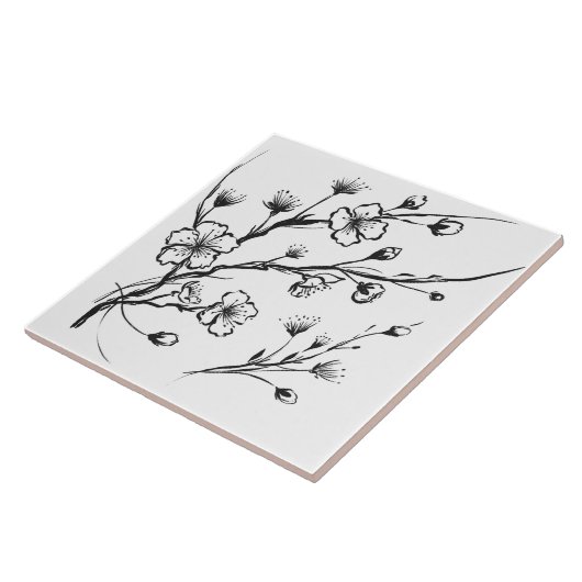 Schwarz-Weiß-Kirsche Blossom Minimalistisch Fliese (Seite)