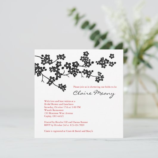Schwarz-Weiß-Kirsche-Blüten Einladung (Stehend Vorderseite)