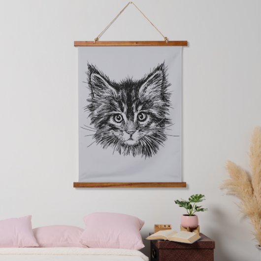 Schwarz-Weiß-Kitten-Gesichter auf Grau Wandteppich Mit Holzrahmen (Schlafzimmer)