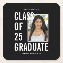 Schwarz-Weiß-Klasse mit 25 Foto-Graduierungsparty Rechteckiger Pappuntersetzer