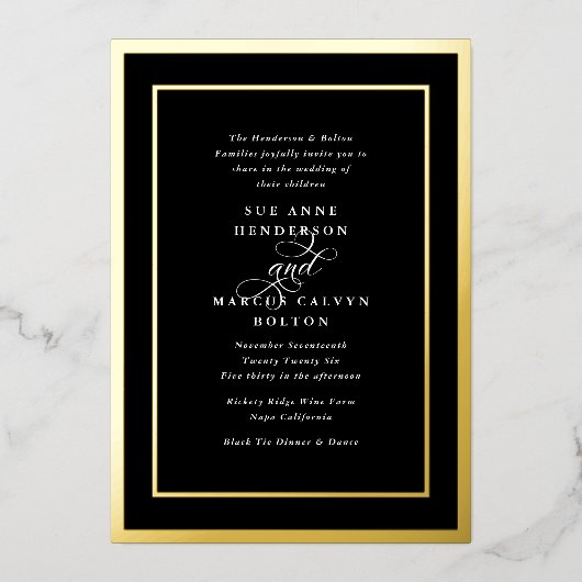Schwarz-Weiß-Klassik-Ampersand-Goldrahmen-Hochzeit Folieneinladung (Vorderseite)