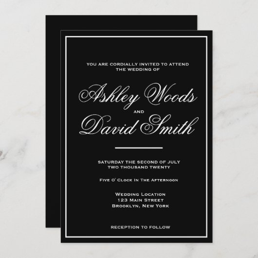 Schwarz-Weiß-Klassik: Elegantes Skript Einladung (Vorne/Hinten)