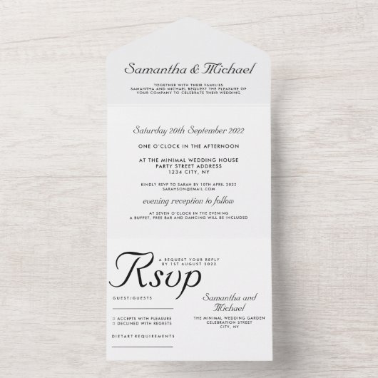 Schwarz-Weiß Klassik Saubere einfache Hochzeit All In One Einladung (Innen Boden)