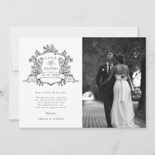 Schwarz-Weiß-Klassik Wappen Hochzeit Foto Dankeskarte (Vorderseite)