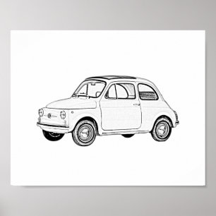 Schwarz-Weiß-klassische Fiat 500 Zeichnend Stift Poster