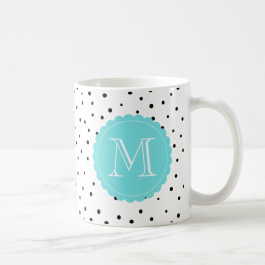 Schwarz-Weiß-Konfetti-Dots Blaue Monogramm-Tasse Kaffeetasse (Rechts)
