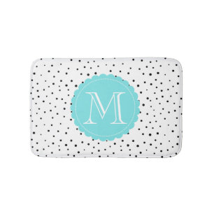Schwarz-Weiß-Konfetti-Dots hellblaues Monogramm Badematte