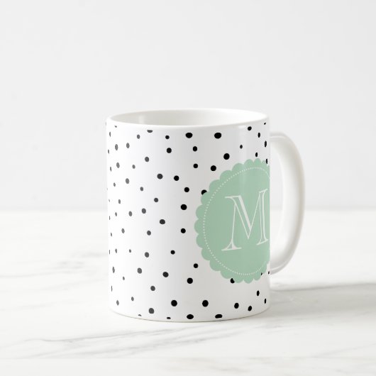 Schwarz-Weiß-Konfetti-Punkte Minze Monogramm-Tasse Kaffeetasse (VorderseiteRechts)
