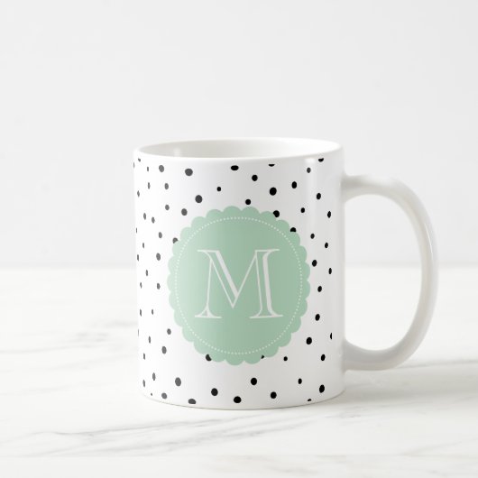 Schwarz-Weiß-Konfetti-Punkte Minze Monogramm-Tasse Kaffeetasse (Rechts)