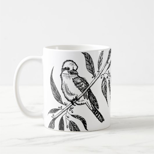 Schwarz-Weiß-Kookaburra am Zweig Zeichnend Kaffeetasse (Links)