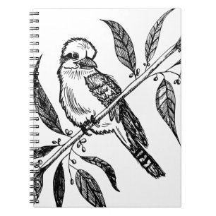 Schwarz-Weiß-Kookaburra am Zweig Zeichnend Notizblock