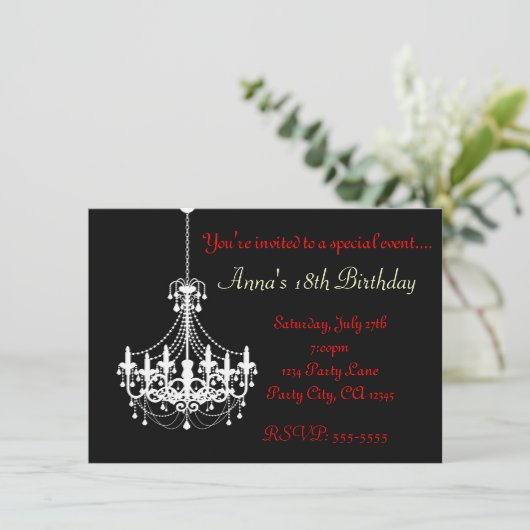 Schwarz-Weiß-Kronleuchter Elegante Party Einladung (Stehend Vorderseite)