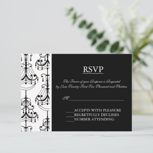 Schwarz-Weiß-Kronleuchter Elegante RSVP-Karten RSVP Karte (Stehend Vorderseite)