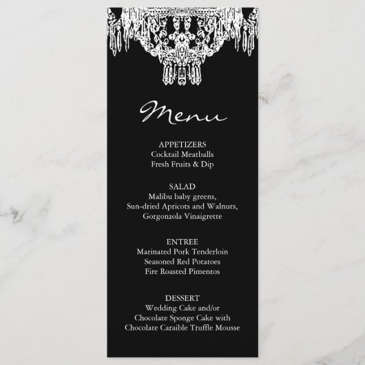 Schwarz-Weiß-Kronleuchter-Hochzeitsmenü Menükarte (Vorderseite)