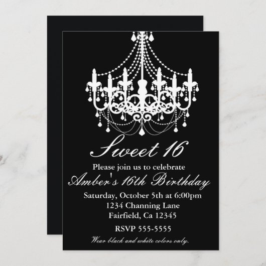 Schwarz-Weiß-Kronleuchter Sweet 16 Party Einladend Einladung (Vorne/Hinten)