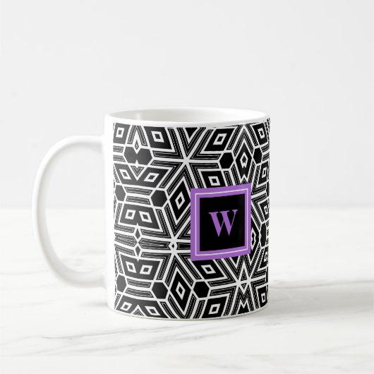 Schwarz-Weiß-Kubismus mit Lila Monogramm Kaffeetasse (Links)