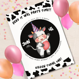 Schwarz/Weiß-Kuh-Druck Erster 1. Geburtstag-Party Einladung