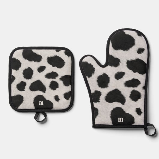 Schwarz-Weiß-Kuh-Flecken Muster Imitate Pelzstrukt Ofenhandschuh & Topflappen-Set (Vorderseite)