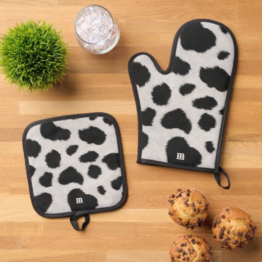 Schwarz-Weiß-Kuh-Flecken Muster Imitate Pelzstrukt Ofenhandschuh & Topflappen-Set (Oben Unten)