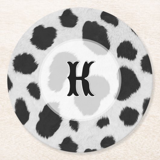 Schwarz-Weiß-Kuh-Flecken Muster Imitate Pelzstrukt Runder Pappuntersetzer (Vorderseite)