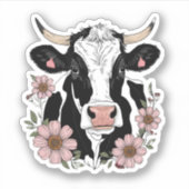 Schwarz-Weiß-Kuh mit Blume Aufkleber (Vorderseite)