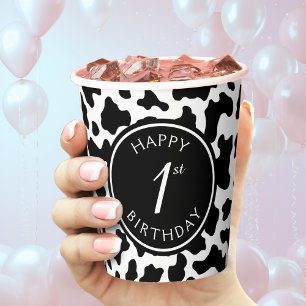 Schwarz-Weiß-Kuh Print Cowboy erster 1. Geburtstag Pappbecher