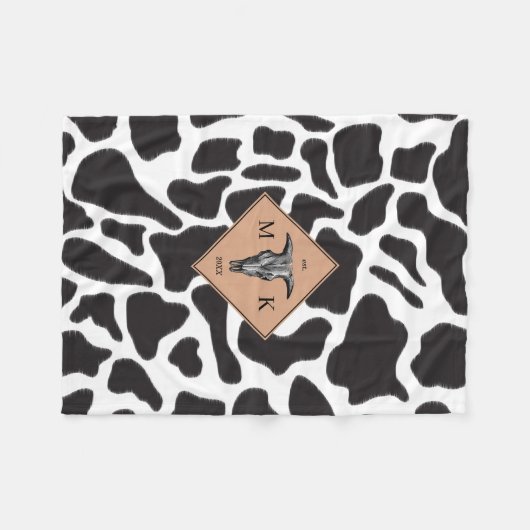 Schwarz-Weiß-Kuh-Spot Tiermuster Monogramm Fleecedecke (Vorderseite (Horizontal))