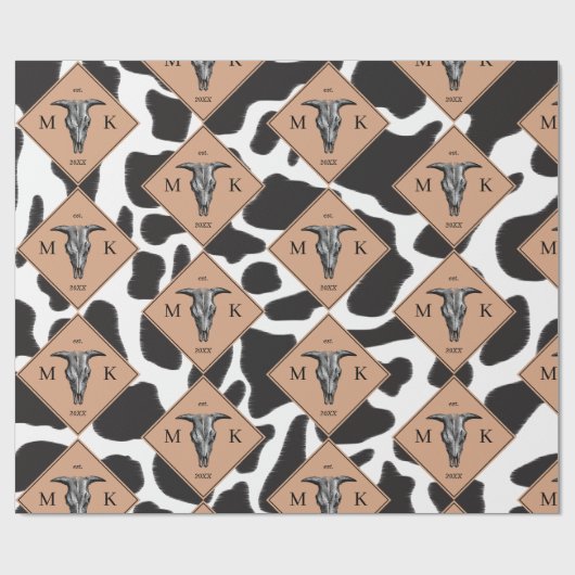 Schwarz-Weiß-Kuh-Spot Tiermuster Monogramm Geschenkpapier (Flach)
