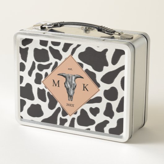 Schwarz-Weiß-Kuh-Spot Tiermuster Monogramm Metall Brotdose (Rückseite)