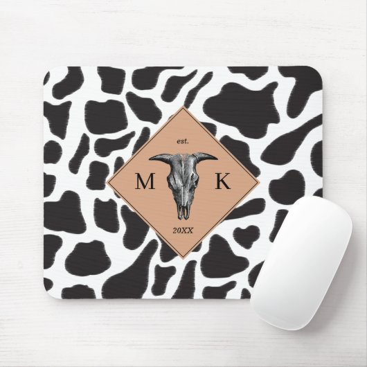 Schwarz-Weiß-Kuh-Spot Tiermuster Monogramm Mousepad (Mit Mouse)